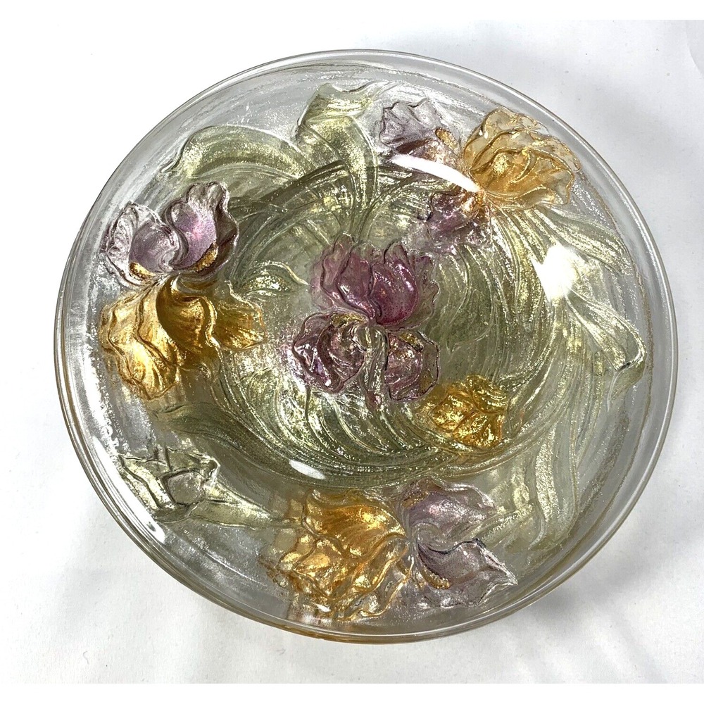 Carnival Goofus Glass Dessert Plates X4 - 8.5 inch Iris Floral Purple Yellow